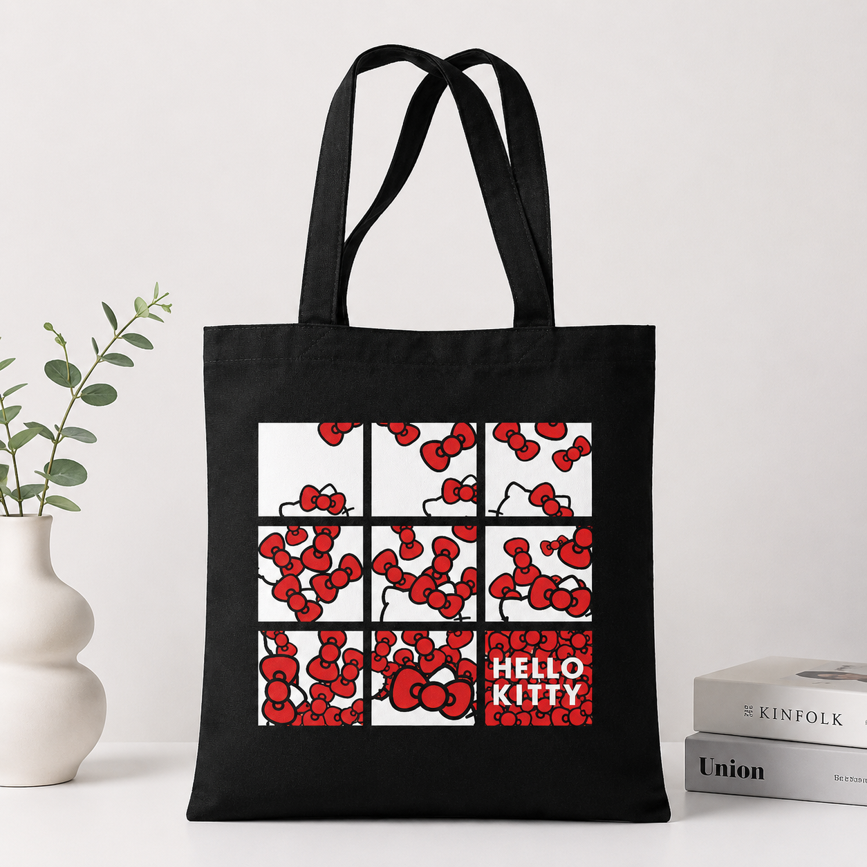 Hello Kitty Bow Grid Black Tote Bag – Everyday Style Edition